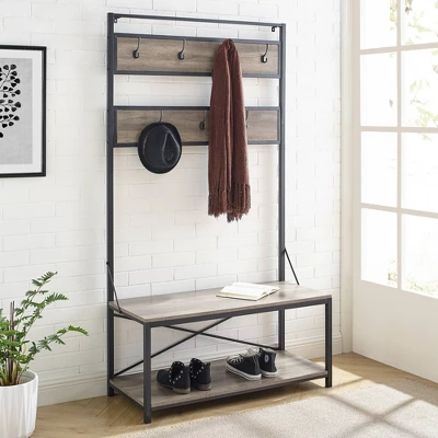72" Industrial Farmhouse Metal And Wood Hall Tree Gray Wash - Saracina Home 3 72" Industrial Farmhouse Metal And Wood Hall Tree Gray Wash - Saracina Home