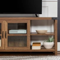 Sophie Rustic Farmhouse X Frame Glass Doors TV Stand For TVs Up To 80" Rustic Oak - Saracina Home -Saracina Home GUEST 08461d43 c3a2 4df9 90e5 c2fd20627359