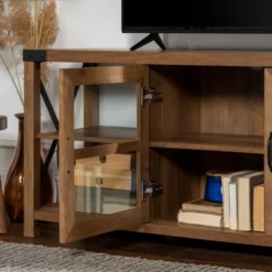 Sophie Rustic Farmhouse X Frame Glass Doors TV Stand For TVs Up To 80" Rustic Oak - Saracina Home -Saracina Home GUEST 2d1619d6 6228 4a03 b8af 73592536e713