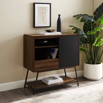 Emmeline Mid-Century Modern Vinyl Record Player Cabinet Black/Dark Walnut - Saracina Home 4 Emmeline Mid-Century Modern Vinyl Record Player Cabinet Black/Dark Walnut - Saracina Home - Image 2
