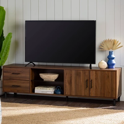 Sana Modern Triple Storage TV Stand For TVs Up To 80" Dark Walnut - Saracina Home 3 Sana Modern Triple Storage TV Stand For TVs Up To 80" Dark Walnut - Saracina Home - Image 2