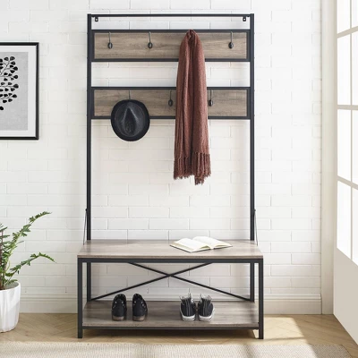 72" Industrial Farmhouse Metal And Wood Hall Tree Gray Wash - Saracina Home 5 72" Industrial Farmhouse Metal And Wood Hall Tree Gray Wash - Saracina Home - Image 3