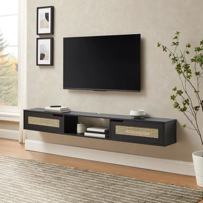 Modern Boho Floating TV Stand For TVs Up To 80" With Rattan Doors Black - Saracina Home 3 Modern Boho Floating TV Stand For TVs Up To 80" With Rattan Doors Black - Saracina Home