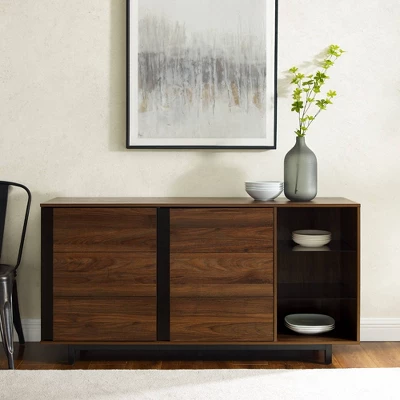 Shing Modern Striped Door 60" Sideboard With Glass Shelves Dark Walnut - Saracina Home 4 Shing Modern Striped Door 60" Sideboard With Glass Shelves Dark Walnut - Saracina Home - Image 2