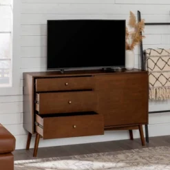 Mid-Century Modern With Closed Storage TV Stand For TVs Up To 58" Walnut - Saracina Home -Saracina Home GUEST 54c83906 77ba 4118 b803 113db40fdb4a