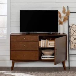 Mid-Century Modern With Closed Storage TV Stand For TVs Up To 58" Walnut - Saracina Home -Saracina Home GUEST 559b40fb 3110 44b0 a6be ec4b539a5d7f