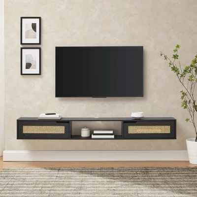 Modern Boho Floating TV Stand For TVs Up To 80" With Rattan Doors Black - Saracina Home 5 Modern Boho Floating TV Stand For TVs Up To 80" With Rattan Doors Black - Saracina Home - Image 3