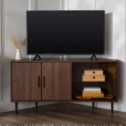 Contemporary Corner TV Stand For TVs Up To 55" Dark Walnut - Saracina Home -Saracina Home GUEST 685cd0fc fad2 488e b81b 039d9f9dd8f6