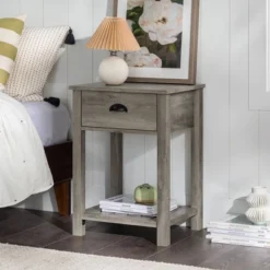 June Rustic Transitional Square Nightstand With Lower Shelf - Saracina Home