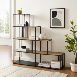 Saracina Home 7 55.5" Modern 4 Shelf With Metal Bar Room Divider Bookcase Coastal Oak/Black - Saracina Home