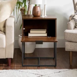 Visconti Boho Slat Pull Down Door Side Table Dark Walnut - Saracina Home -Saracina Home GUEST 7c8b4df9 8fbd 4632 bb8a a35d316bd6f9