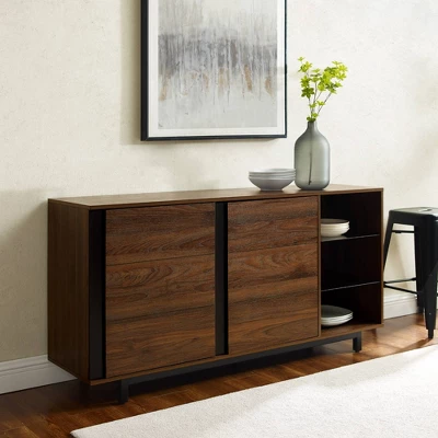 Shing Modern Striped Door 60" Sideboard With Glass Shelves Dark Walnut - Saracina Home 6 Shing Modern Striped Door 60" Sideboard With Glass Shelves Dark Walnut - Saracina Home - Image 4