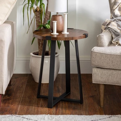 Set Of 2 Wrightson Urban Industrial Wrap Leg Round Side Tables Dark Walnut - Saracina Home 3 Set Of 2 Wrightson Urban Industrial Wrap Leg Round Side Tables Dark Walnut - Saracina Home