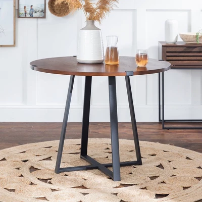 40" Urban Industrial Round Dining Table With Faux Wrap Leg Dark Walnut - Saracina Home 3 40" Urban Industrial Round Dining Table With Faux Wrap Leg Dark Walnut - Saracina Home