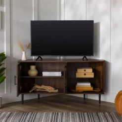 Contemporary Corner TV Stand For TVs Up To 55" Dark Walnut - Saracina Home -Saracina Home GUEST be0fe3bc f701 4e03 a642 a1a0b11f5648