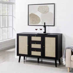 Modern Boho Wood And Rattan Storage Sideboard Black - Saracina Home