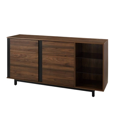 Shing Modern Striped Door 60" Sideboard With Glass Shelves Dark Walnut - Saracina Home 5 Shing Modern Striped Door 60" Sideboard With Glass Shelves Dark Walnut - Saracina Home - Image 3