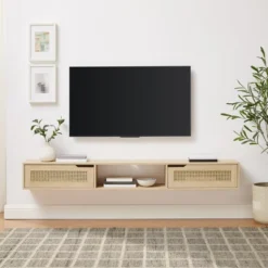 Modern Boho Floating TV Stand For TVs Up To 80" With Rattan Doors Coastal Oak - Saracina Home -Saracina Home GUEST cdeb4d3e c8db 482f bceb 3f6259779594