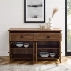 Millia Transitional Farmhouse 4 Door Sideboard With Glass Panels - Saracina Home -Saracina Home GUEST d143523c bfb8 4b60 ae3f 8b75314b0281