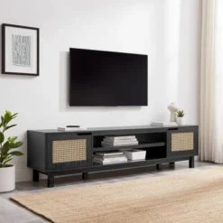 Modern Boho Storage TV Stand For TVs Up To 80" With Rattan Doors - Saracina Home