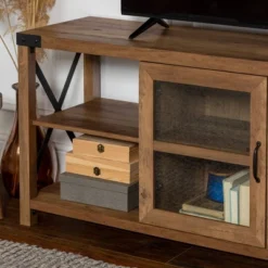 Sophie Rustic Farmhouse X Frame Glass Doors TV Stand For TVs Up To 80" Rustic Oak - Saracina Home -Saracina Home GUEST fcb990cb 6a16 450e b621 062a163db296